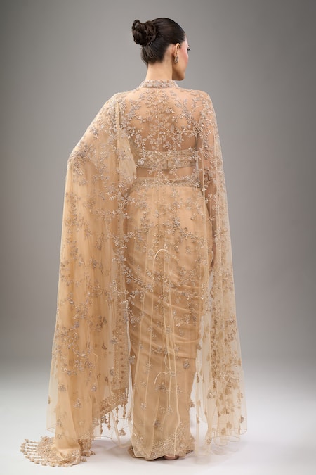 Kalighata Gold Long Cape Saree Set 