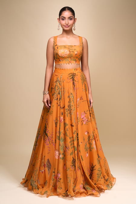 Anushree Reddy Peach Organza Square Neck Coral Cape Lehenga Set Online at Aza Fashions Anushree Reddy_Peach Organza Square Neck Coral Cape Lehenga Set _Online_at_Aza_Fashions