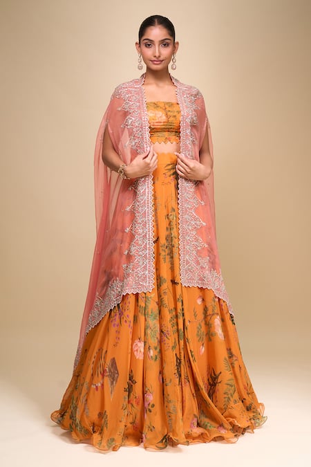 Buy Anushree Reddy Peach Organza Square Neck Coral Cape Lehenga Set Online at Aza Fashions Buy_Anushree Reddy_Peach Organza Square Neck Coral Cape Lehenga Set _Online_at_Aza_Fashions