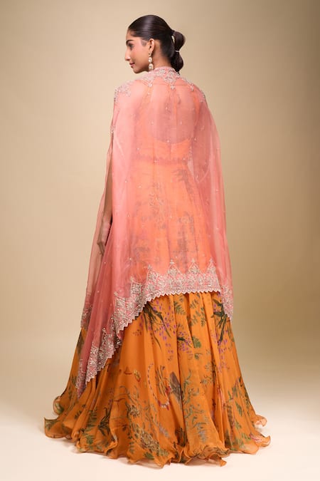 Anushree Reddy Coral Organza Cape Lehenga Set 