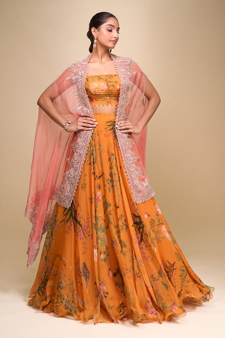 Anushree Reddy Coral Organza Cape Lehenga Set 