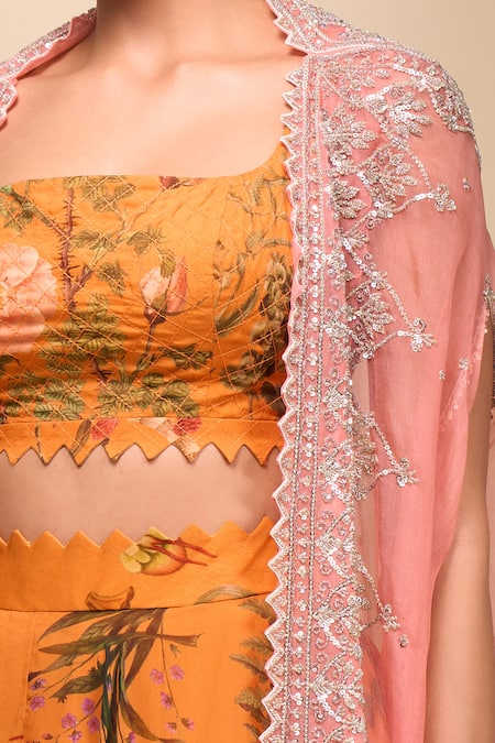 Anushree Reddy Peach Organza Square Neck Coral Cape Lehenga Set at Aza Fashions Anushree Reddy_Peach Organza Square Neck Coral Cape Lehenga Set _at_Aza_Fashions