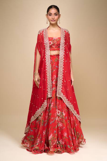 Buy_Anushree Reddy_Red Sequins Square Neck Floral Print Mahi Cape Set _Online_at_Aza_Fashions