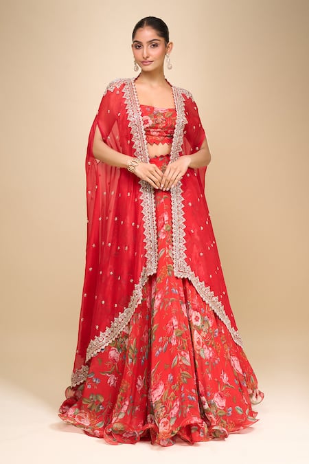 Anushree Reddy Floral Print Red Mahi Cape Set 