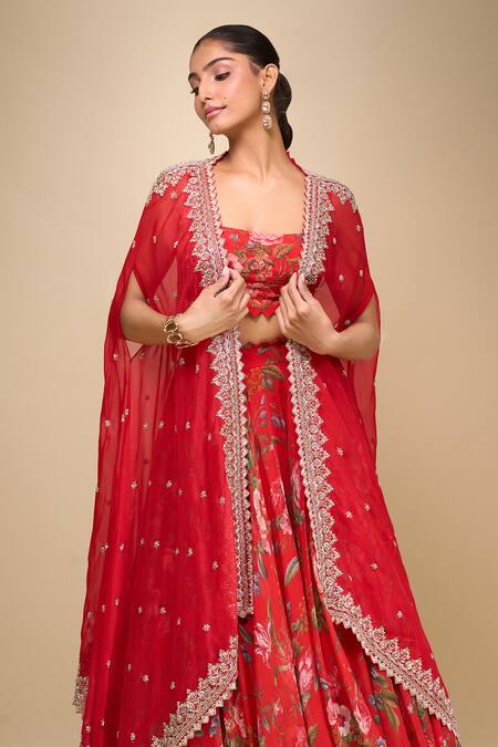 Shop_Anushree Reddy_Red Sequins Square Neck Floral Print Mahi Cape Set _Online_at_Aza_Fashions