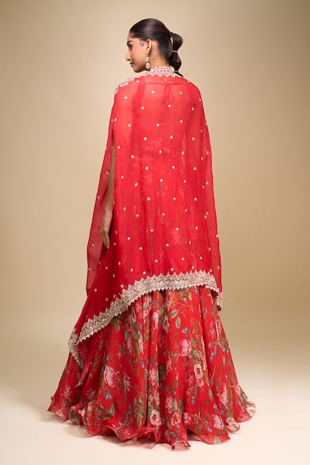 Anushree Reddy Floral Print Red Mahi Cape Set 