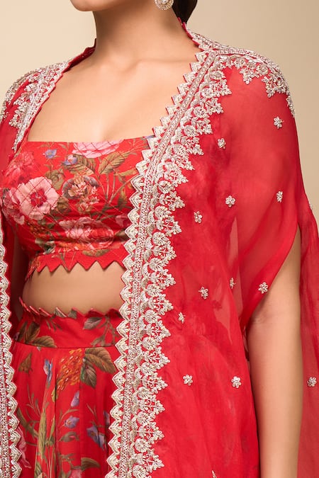 Anushree Reddy_Red Sequins Square Neck Floral Print Mahi Cape Set _at_Aza_Fashions