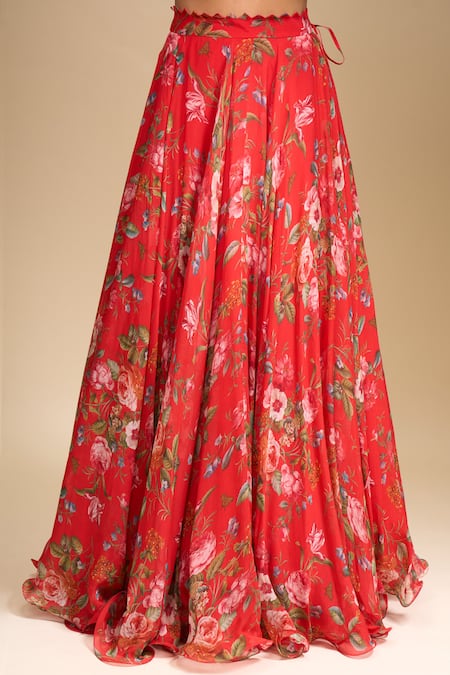 Buy_Anushree Reddy_Red Sequins Square Neck Floral Print Mahi Cape Set 