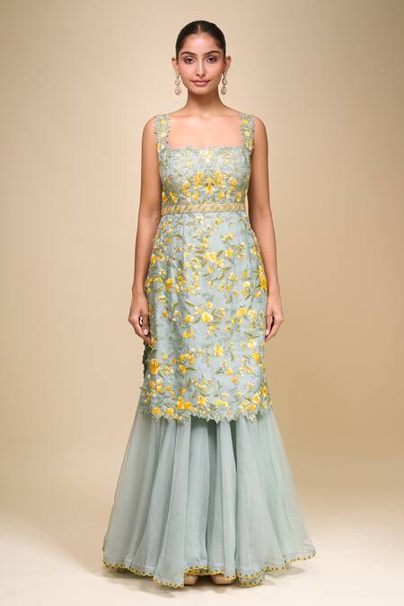 Anushree Reddy_Blue Embroidery Square Neck Malaika Sharara Set _Online_at_Aza_Fashions