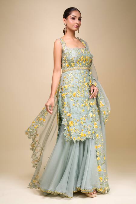 Buy_Anushree Reddy_Blue Embroidery Square Neck Malaika Sharara Set _Online_at_Aza_Fashions