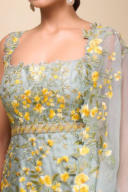 Anushree Reddy_Blue Embroidery Square Neck Malaika Sharara Set _at_Aza_Fashions