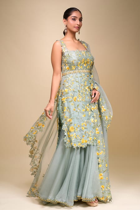 Anushree Reddy_Blue Chiffon, Georgette Embroidery Square Neck Malaika Sharara Set _Online_at_Aza_Fashions