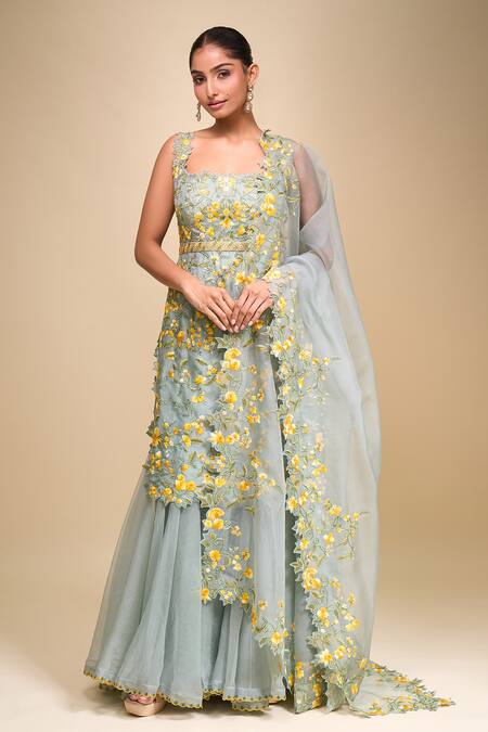 Buy_Anushree Reddy_Blue Chiffon, Georgette Embroidery Square Neck Malaika Sharara Set _Online_at_Aza_Fashions
