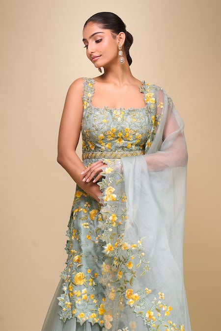 Anushree Reddy_Blue Chiffon, Georgette Embroidery Square Neck Malaika Sharara Set _at_Aza_Fashions