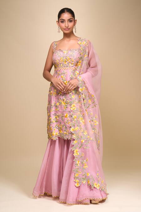 Anushree Reddy Pink Embroidery Square Neck Malaika Floral Sharara Set at Aza Fashions Anushree Reddy_Pink Embroidery Square Neck Malaika Floral Sharara Set _at_Aza_Fashions