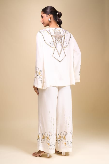 Shop AK-OK Off White Embroidery V-neck Top Pant Set at Aza Fashions Shop_AK-OK_Off White Embroidery V-neck Top Pant Set _at_Aza_Fashions