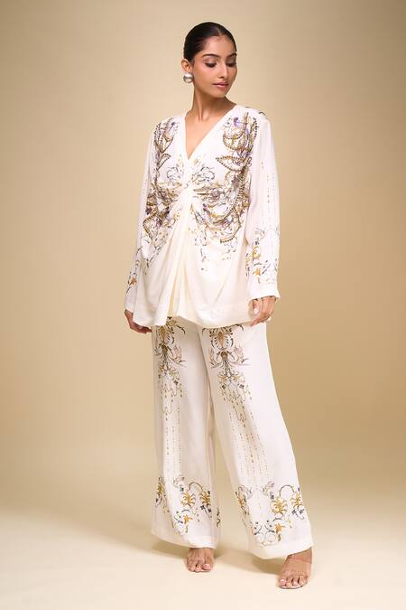 AK-OK Off White Embroidery V-neck Top Pant Set Online at Aza Fashions AK-OK_Off White Embroidery V-neck Top Pant Set _Online_at_Aza_Fashions