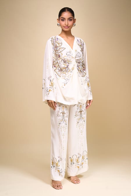 Buy AK-OK Off White Embroidery V-neck Top Pant Set Online at Aza Fashions Buy_AK-OK_Off White Embroidery V-neck Top Pant Set _Online_at_Aza_Fashions