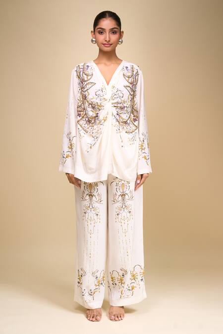 Shop AK-OK Off White Embroidery V-neck Top Pant Set Online at Aza Fashions Shop_AK-OK_Off White Embroidery V-neck Top Pant Set _Online_at_Aza_Fashions