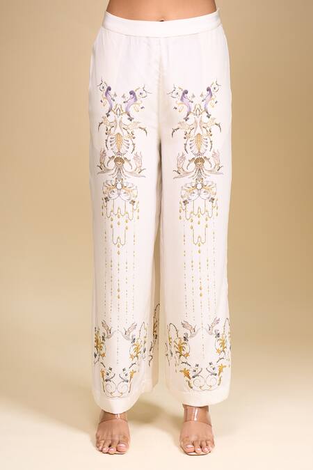 AK-OK Off White Embroidery V-neck Top Pant Set at Aza Fashions AK-OK_Off White Embroidery V-neck Top Pant Set _at_Aza_Fashions