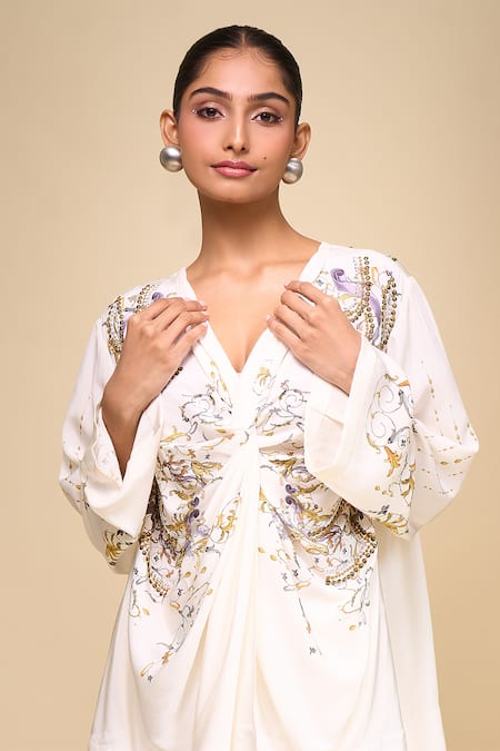 Buy AK-OK Off White Embroidery V-neck Top Pant Set Buy_AK-OK_Off White Embroidery V-neck Top Pant Set