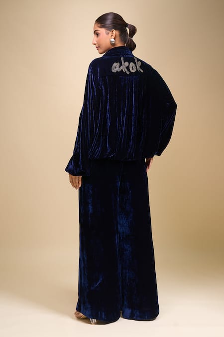 Shop_AK-OK_Blue Velvet Collared Jacket And Trouser Set _at_Aza_Fashions