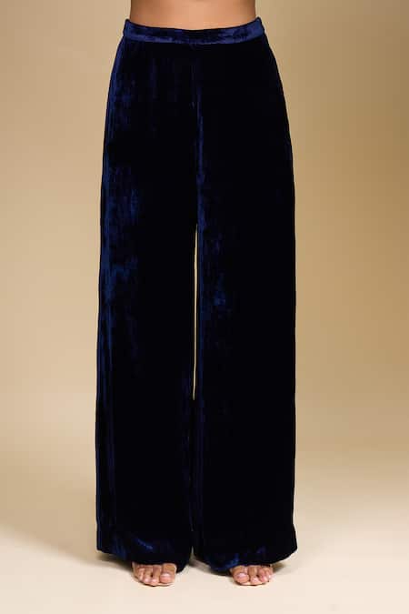 AK-OK_Blue Velvet Collared Jacket And Trouser Set _Online_at_Aza_Fashions