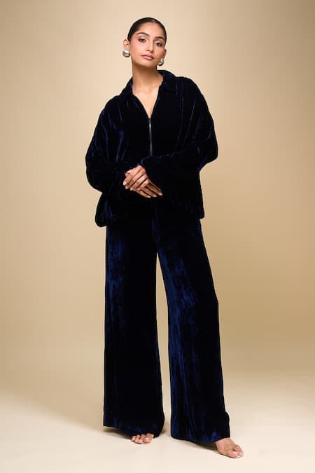Buy_AK-OK_Blue Velvet Collared Jacket And Trouser Set _Online_at_Aza_Fashions