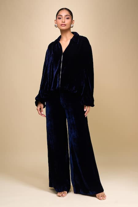 Shop_AK-OK_Blue Velvet Collared Jacket And Trouser Set _Online_at_Aza_Fashions