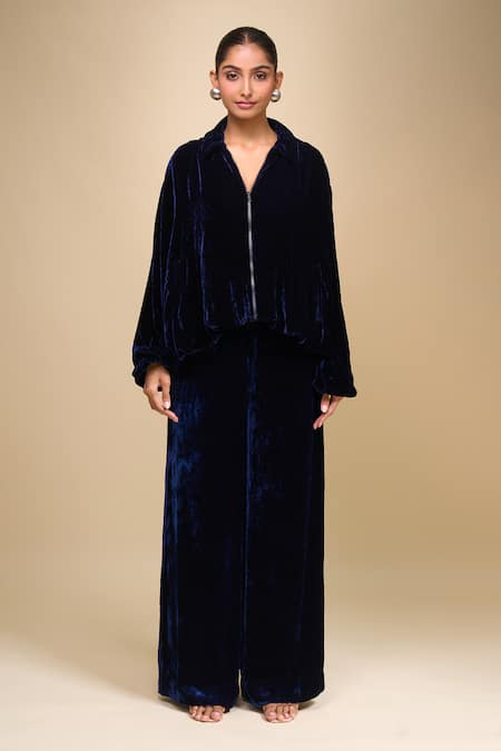 AK-OK_Blue Velvet Collared Jacket And Trouser Set _at_Aza_Fashions