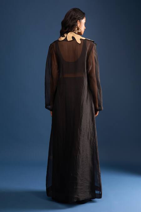 Shop AK-OK Black Applique, Embroidery Open , Round Jacket Trouser Set at Aza Fashions Shop_AK-OK_Black Applique, Embroidery Open , Round Jacket Trouser Set_at_Aza_Fashions