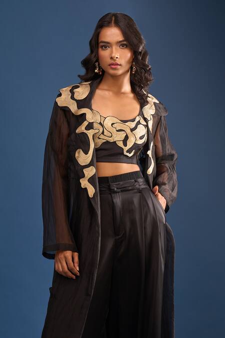 Buy AK-OK Black Applique, Embroidery Open , Round Jacket Trouser Set Online at Aza Fashions Buy_AK-OK_Black Applique, Embroidery Open , Round Jacket Trouser Set_Online_at_Aza_Fashions