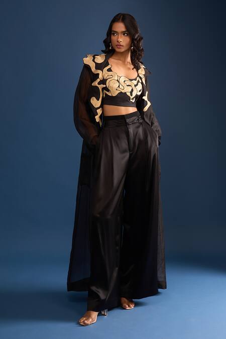 AK-OK Black Applique, Embroidery Open , Round Jacket Trouser Set at Aza Fashions AK-OK_Black Applique, Embroidery Open , Round Jacket Trouser Set_at_Aza_Fashions