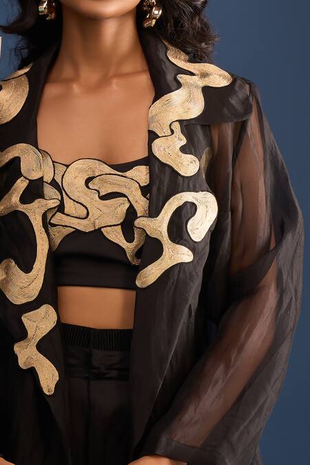 Buy AK-OK Black Applique, Embroidery Open , Round Jacket Trouser Set Buy_AK-OK_Black Applique, Embroidery Open , Round Jacket Trouser Set