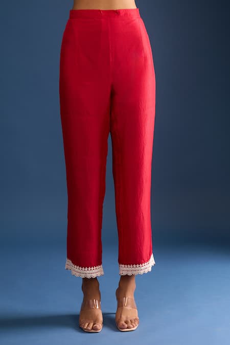 Buy_Anushree Reddy_Red Embroidery Split V-neck Pearl Work Kurta Set _Online_at_Aza_Fashions