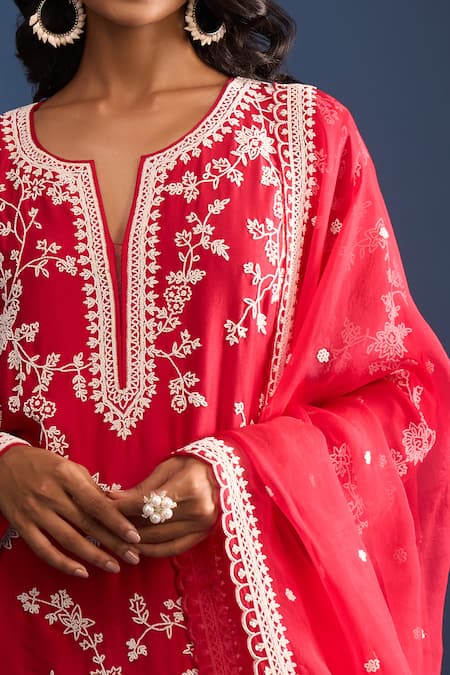 Shop_Anushree Reddy_Red Embroidery Split V-neck Pearl Work Kurta Set _Online_at_Aza_Fashions
