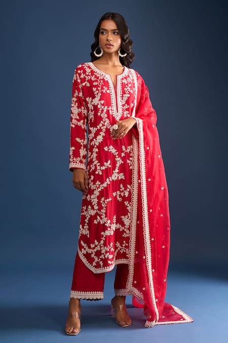Buy_Anushree Reddy_Red Embroidery Split V-neck Pearl Work Kurta Set 