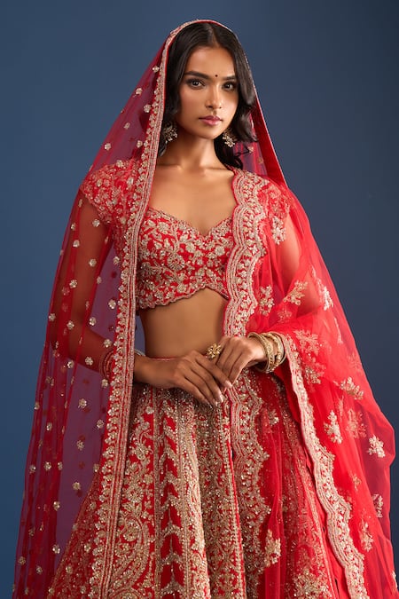 Shop Kalighata Red Tassels, Sequins, Embroidery Sweetheart Neck Mushafir Bridal Lehenga Set Online at Aza Fashions Shop_Kalighata_Red Tassels, Sequins, Embroidery Sweetheart Neck Mushafir Bridal Lehenga Set _Online_at_Aza_Fashions