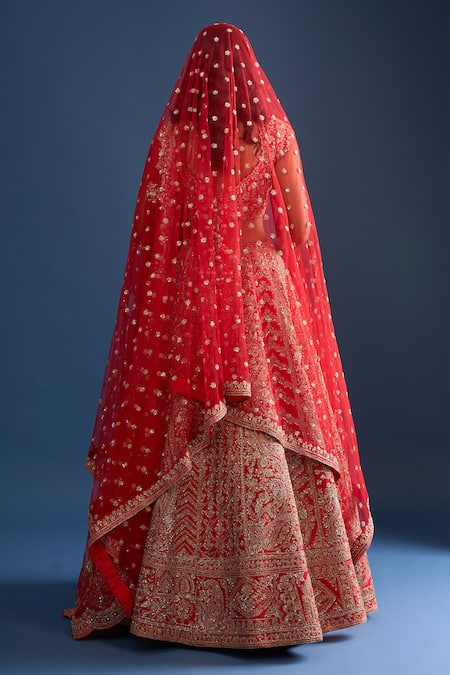 Kalighata Red Tassels, Sequins, Embroidery Sweetheart Neck Mushafir Bridal Lehenga Set at Aza Fashions Kalighata_Red Tassels, Sequins, Embroidery Sweetheart Neck Mushafir Bridal Lehenga Set _at_Aza_Fashions