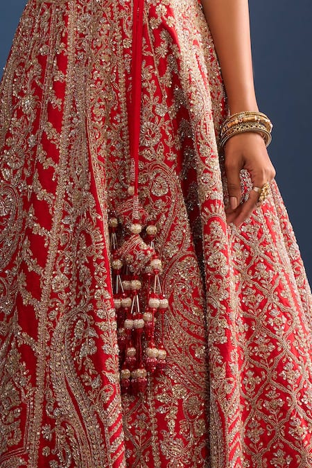Buy Kalighata Red Tassels, Sequins, Embroidery Sweetheart Neck Mushafir Bridal Lehenga Set Buy_Kalighata_Red Tassels, Sequins, Embroidery Sweetheart Neck Mushafir Bridal Lehenga Set