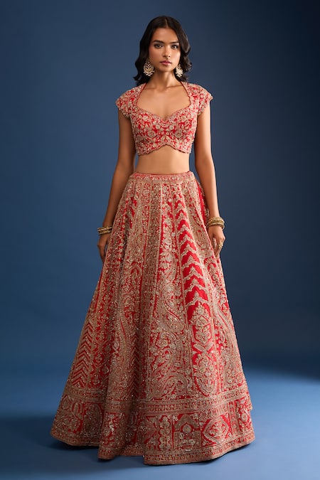 Shop Kalighata Red Tassels, Sequins, Embroidery Sweetheart Neck Mushafir Bridal Lehenga Set Shop_Kalighata_Red Tassels, Sequins, Embroidery Sweetheart Neck Mushafir Bridal Lehenga Set