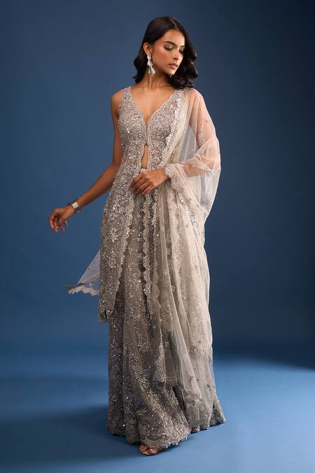 Seema Gujral_Silver Net Sequins, Beads Plunge Neck High-low Kurta Sharara Set_Online_at_Aza_Fashions
