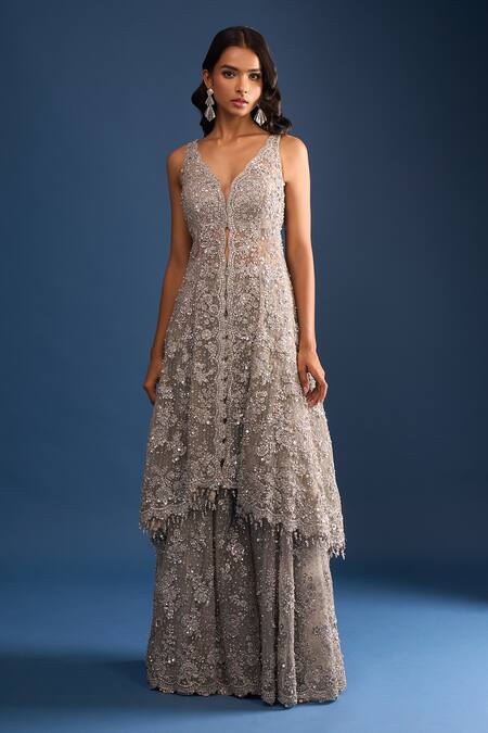 Buy_Seema Gujral_Silver Net Sequins, Beads Plunge Neck High-low Kurta Sharara Set_Online_at_Aza_Fashions