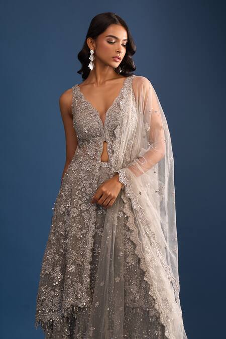 Shop_Seema Gujral_Silver Net Sequins, Beads Plunge Neck High-low Kurta Sharara Set_Online_at_Aza_Fashions