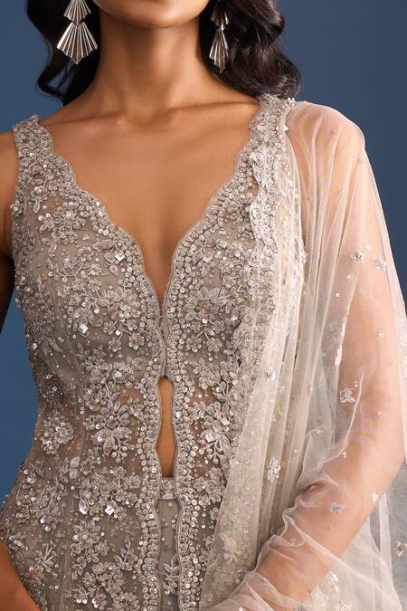 Buy_Seema Gujral_Silver Net Sequins, Beads Plunge Neck High-low Kurta Sharara Set