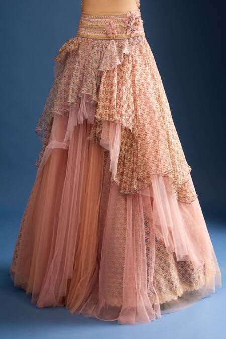 Tarun Tahiliani_Pink Embroidery V-neck Layered Lehenga Set With Drape_Online_at_Aza_Fashions