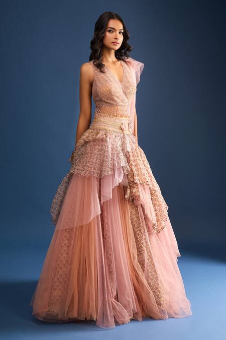 Shop_Tarun Tahiliani_Pink Embroidery V-neck Layered Lehenga Set With Drape_Online_at_Aza_Fashions