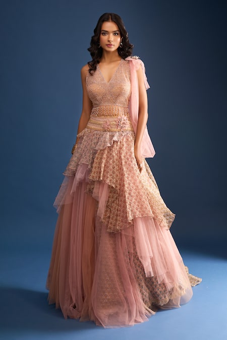 Tarun Tahiliani Layered Lehenga Set with Drape 