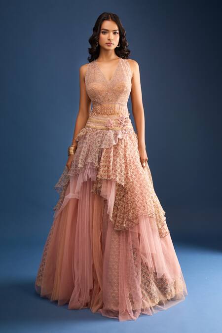 Tarun Tahiliani_Pink Embroidery V-neck Layered Lehenga Set With Drape_at_Aza_Fashions