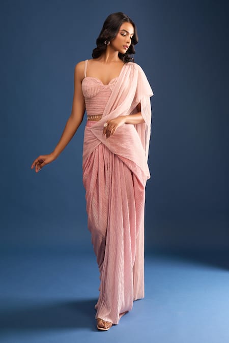 Buy_Tarun Tahiliani_Pink Tulle Sequins, Crystals Sweetheart Neck Crinkle Draped Saree And Blouse _Online_at_Aza_Fashions